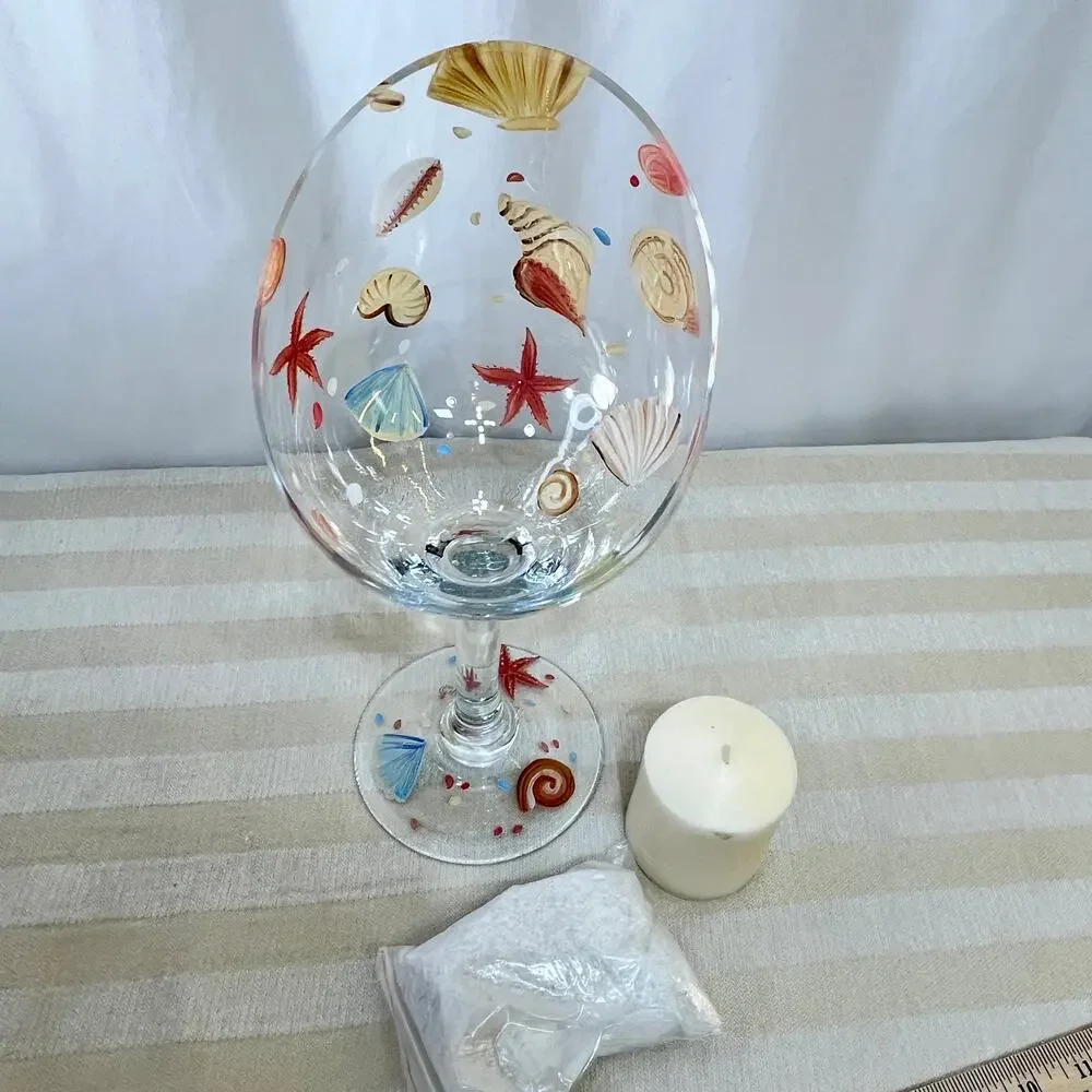 Painted Sea Shell Clear Glass Candleholder Votive Candle Rests on Sand Beach New